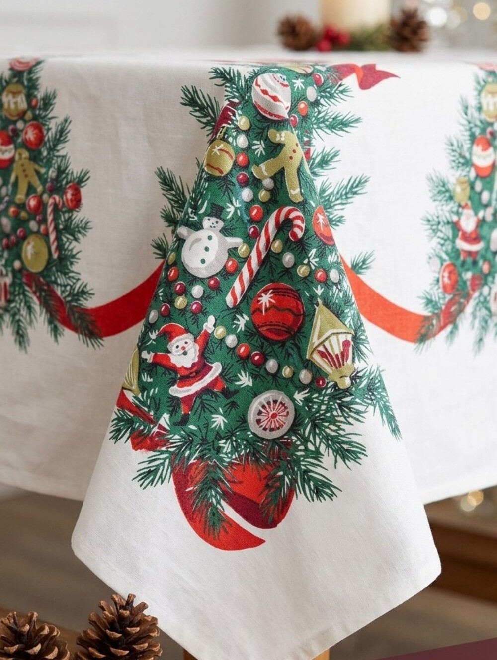 Vintage Christmas Tablecloth Printed Pine Garland Ornaments Santa 58x52